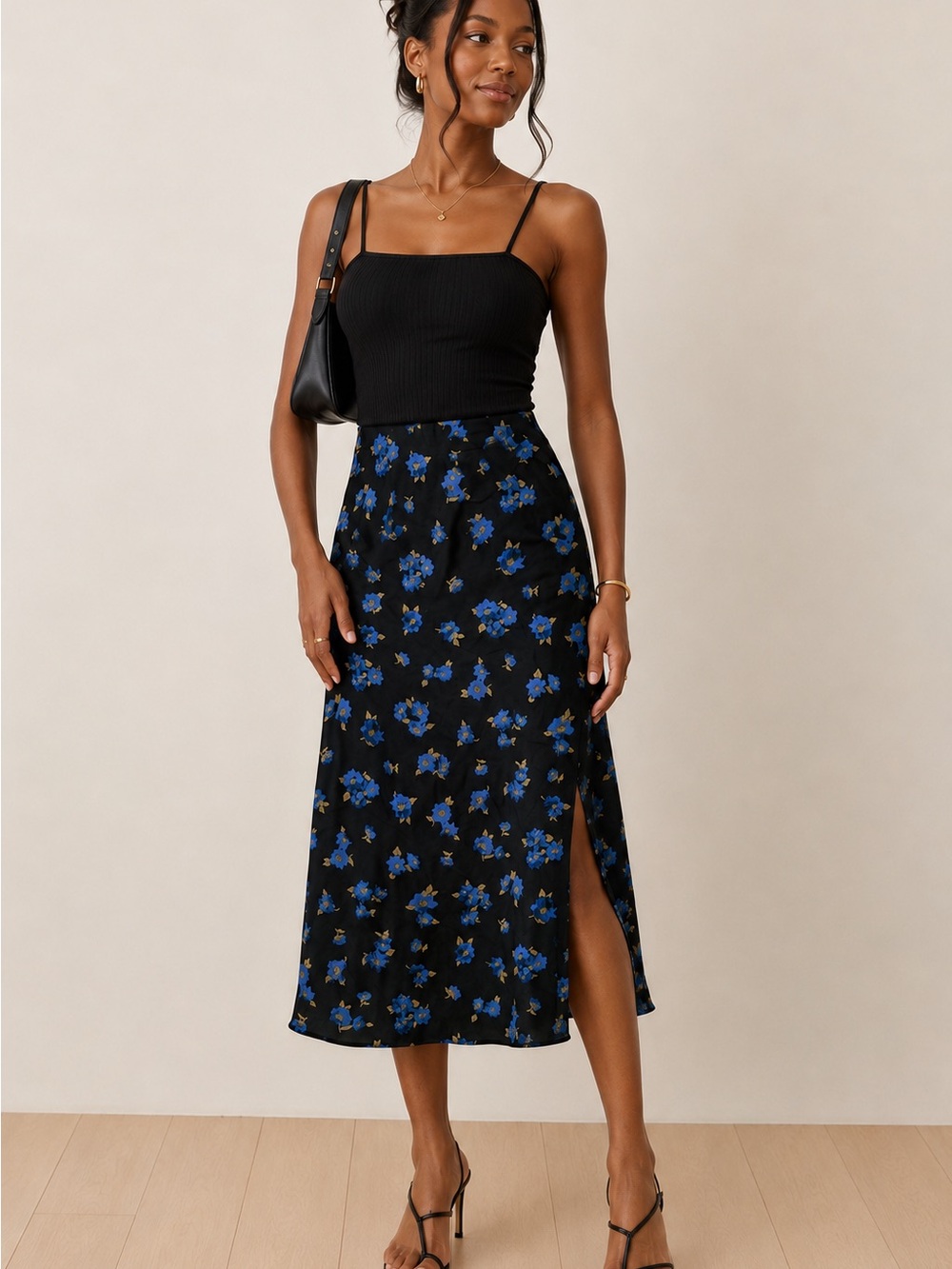 Halogen Black Midi Skirt with Blue Floral Print and Side Slit